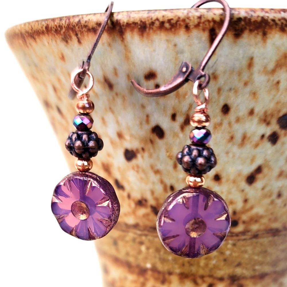 Purple‎ Earring with Copper Accents, Handmade